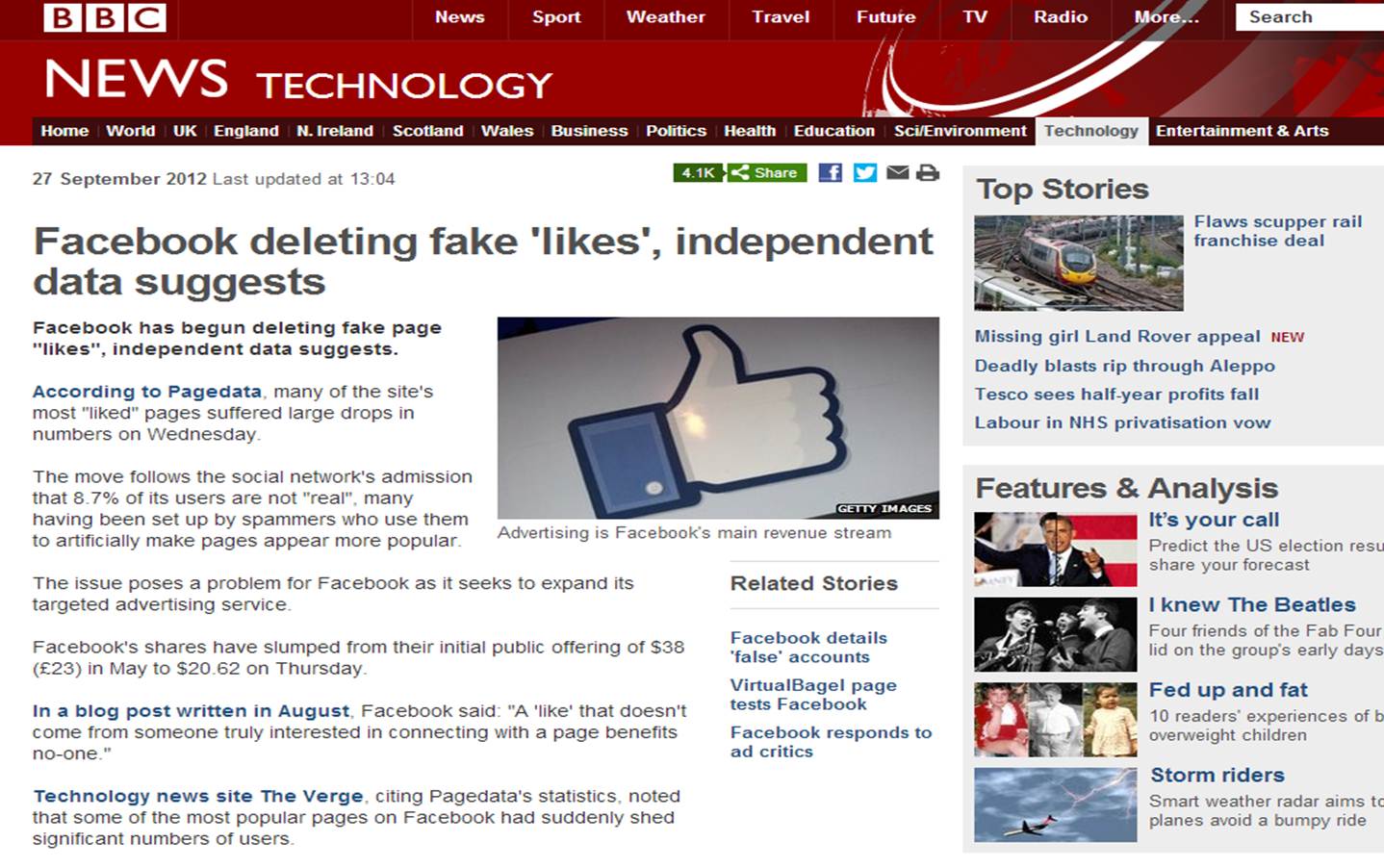 BBC News - Facebook deleting fake 'likes', independent data suggests
