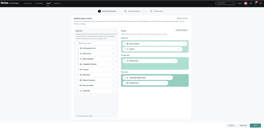 Select event list to funnel by objective