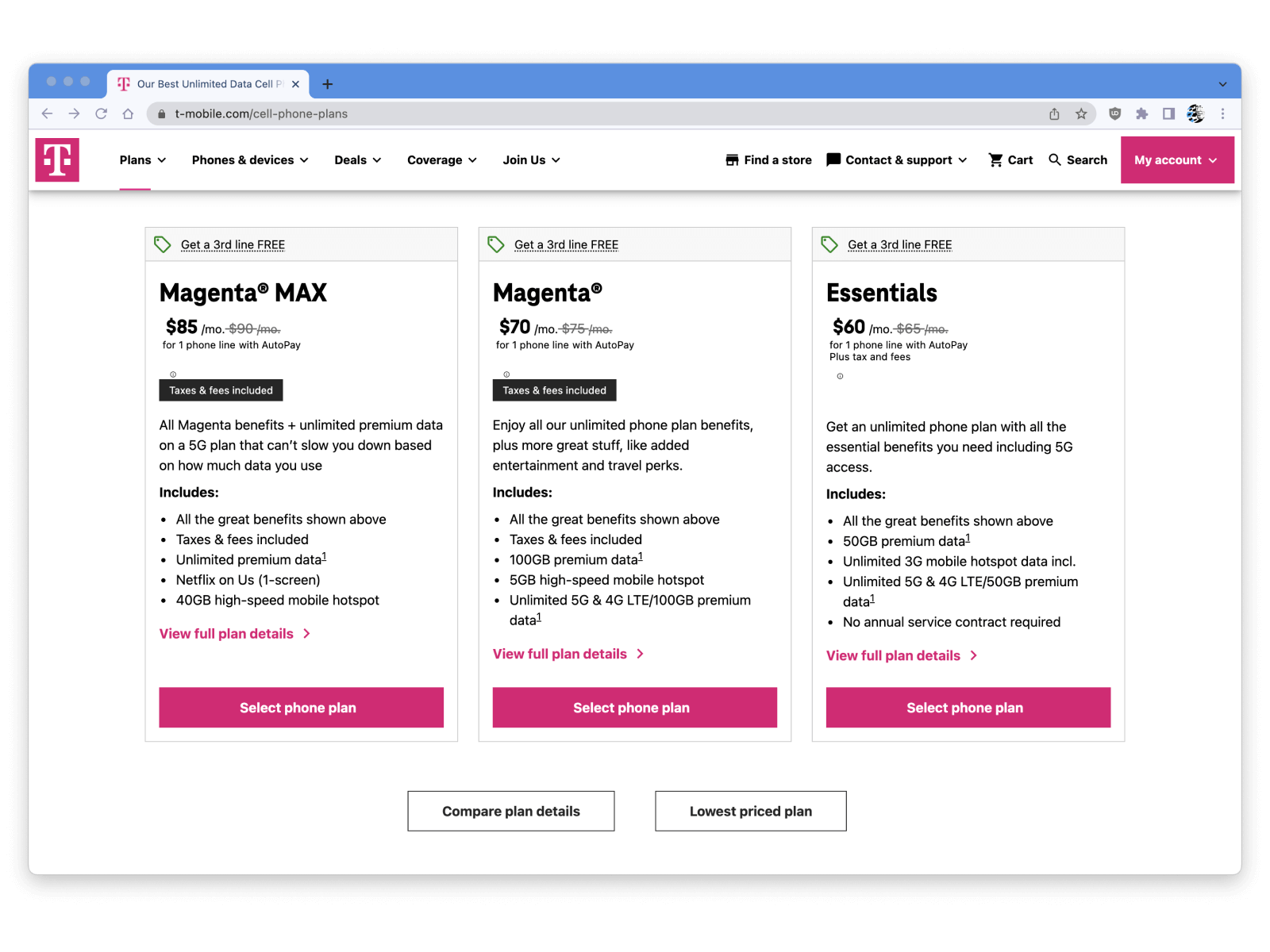 ภาพหน้าจอคอมพิวเตอร์ที่แสดงเว็บไซต์ของ T-Mobile ซึ่งมีตัวเลือกแผนบริการโทรศัพท์มือถือ 3 แบบ คือ Magenta MAX, Magenta และ Essentials พร้อมปุ่มสำหรับเลือกแผนและดูรายละเอียดเพิ่มเติม